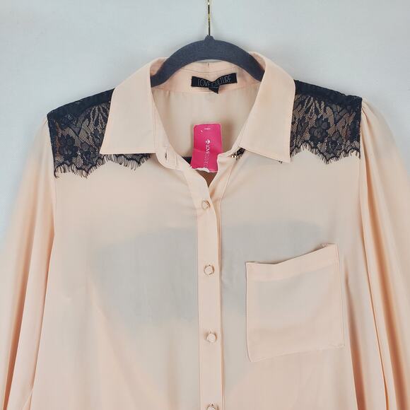 Y2K Fairy Grunge Silky Tunic Blouse M Peach w/ Black Floral Lace Sheer Open Back - Picture 12 of 14